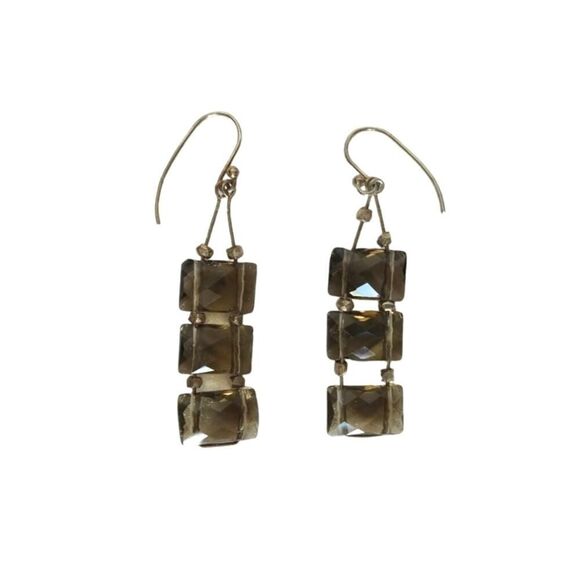 Faceted Smoky Quartz Dangle Earrings: 925 Sterling Silver  Vintage Faceted Triple Smoky Quartz Dangle Earrings Sterling Silver 925 Hook
